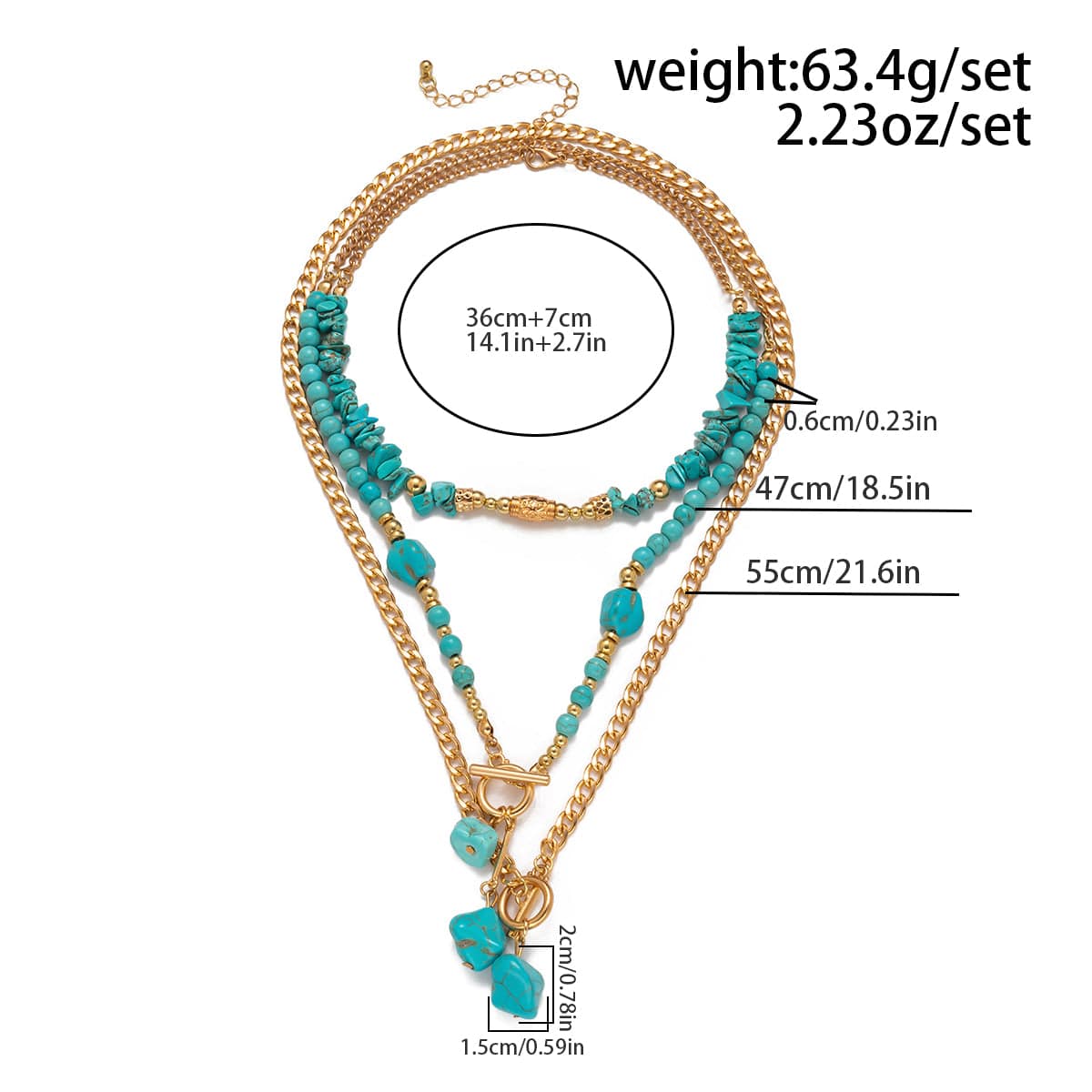 Boho Layered Toggle Clasp Turquoise Pendant Cable Chain Necklace Set - ArtGalleryZen