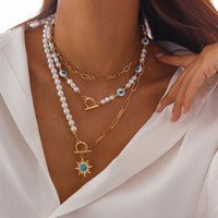 Thumbnail for Boho Layered Toggle Clasp Turquoise Sun Pendant Evil Eye Pearl Chain Necklace Set - ArtGalleryZen