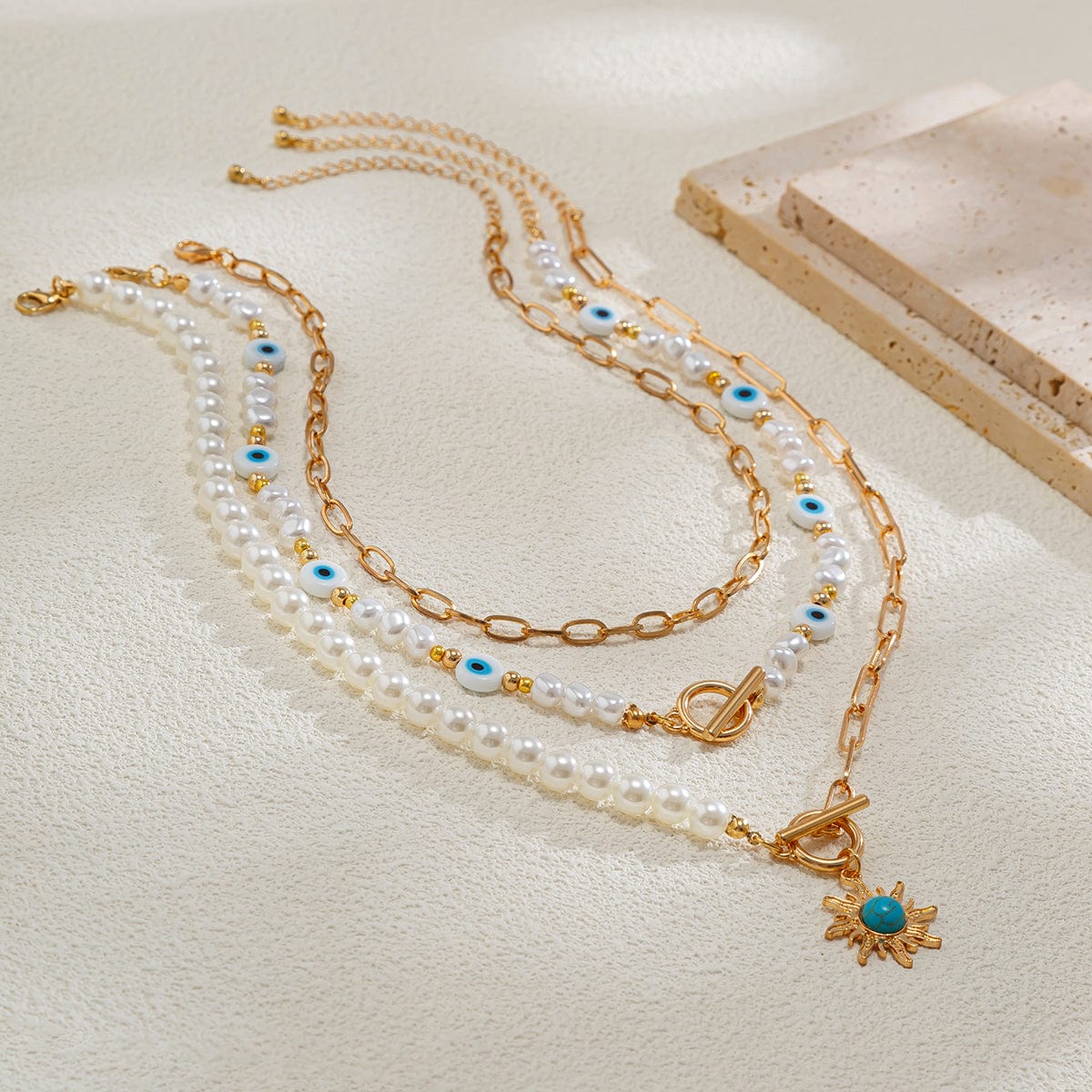 Boho Layered Toggle Clasp Turquoise Sun Pendant Evil Eye Pearl Chain Necklace Set - ArtGalleryZen