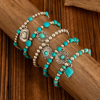 Thumbnail for Boho Layered Turquoise Inlaid Flower Round Disk Charm Ball chain Bracelet Set - ArtGalleryZen