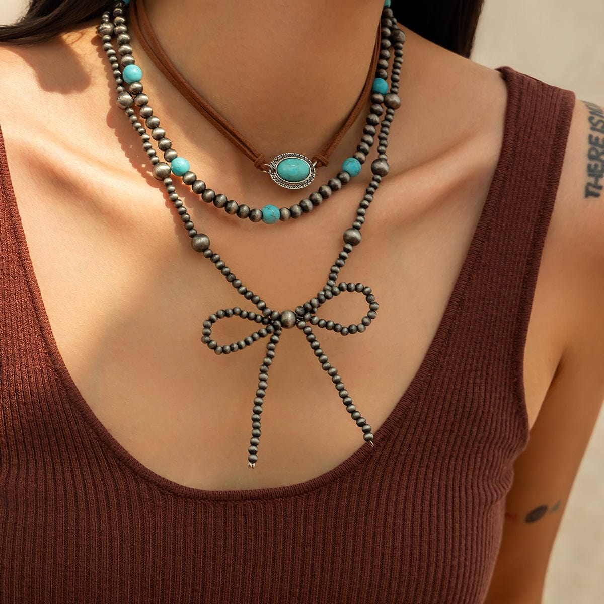 Boho Layered Turquoise Oval Charm Beaded Bowknot Velvet Necklace Set - ArtGalleryZen