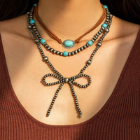 Thumbnail for Boho Layered Turquoise Oval Charm Beaded Bowknot Velvet Necklace Set - ArtGalleryZen