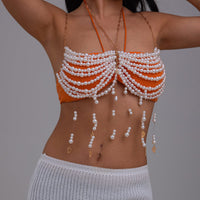 Thumbnail for Boho Metallic Feather Tassel Pearl Beaded Lingerie Halter Top Backless Bra - ArtGalleryZen