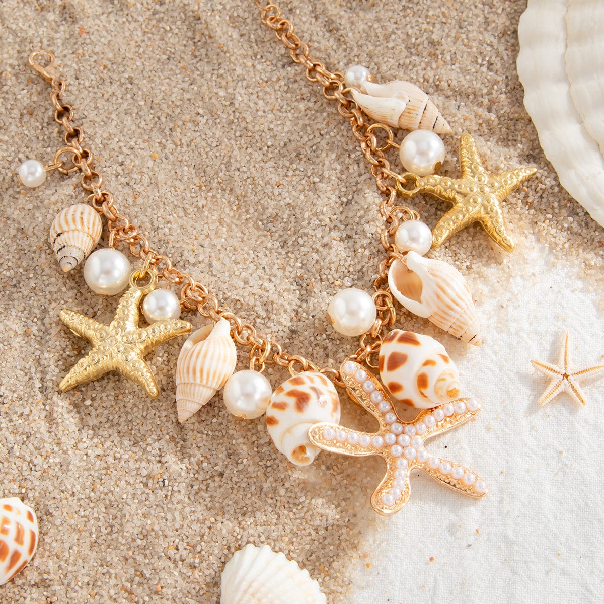 Boho Pearl Inlaid Starfish Conch Tassel Anklet - ArtGalleryZen