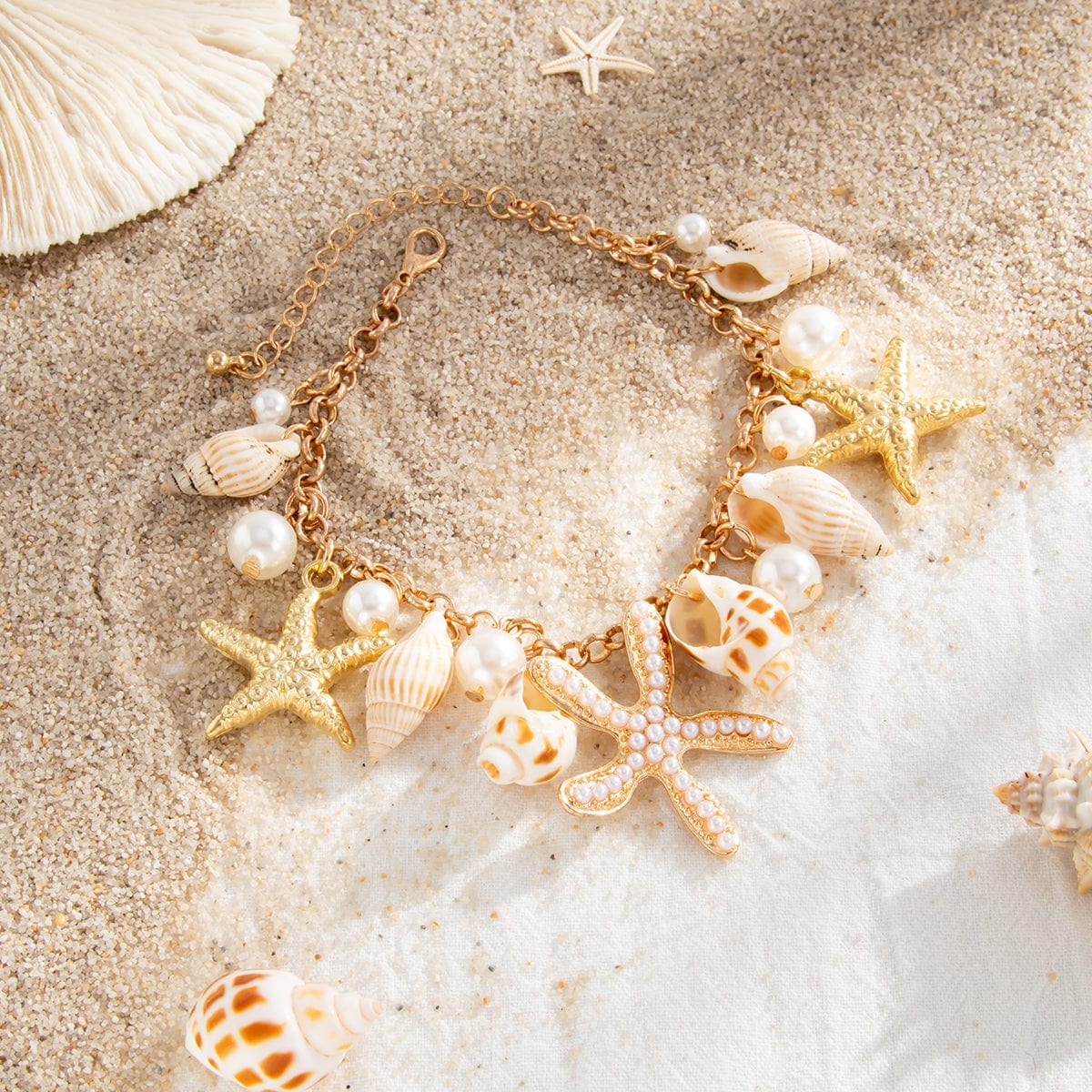 Boho Pearl Inlaid Starfish Conch Tassel Anklet - ArtGalleryZen
