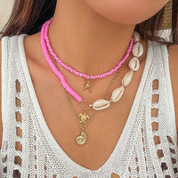Thumbnail for Boho Pink Conch Starfish Turtle Pendant Seed Bead Necklace Set - ArtGalleryZen