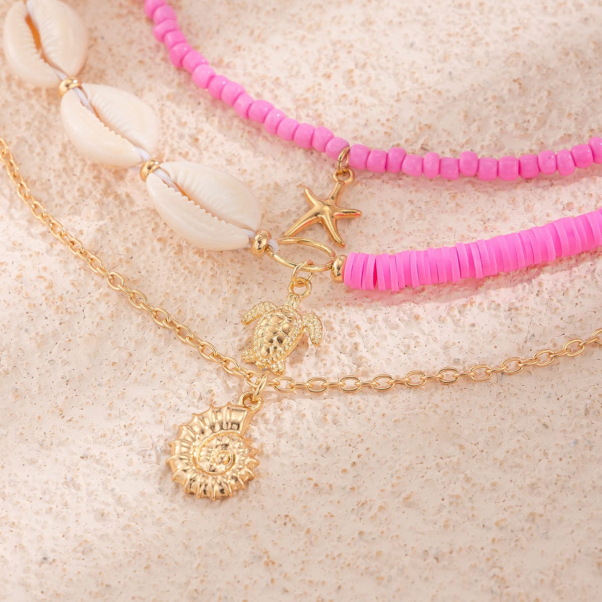 Boho Pink Conch Starfish Turtle Pendant Seed Bead Necklace Set - ArtGalleryZen