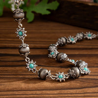 Thumbnail for Boho Rhinestone Turquoise Flower Antique Silver Beaded Chain Necklace - ArtGalleryZen