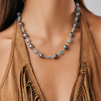 Thumbnail for Boho Rhinestone Turquoise Flower Antique Silver Beaded Chain Necklace - ArtGalleryZen