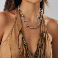 Thumbnail for Boho Rhinestone Turquoise Flower Antique Silver Beaded Chain Necklace - ArtGalleryZen