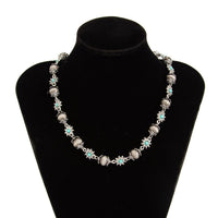 Thumbnail for Boho Rhinestone Turquoise Flower Antique Silver Beaded Chain Necklace - ArtGalleryZen