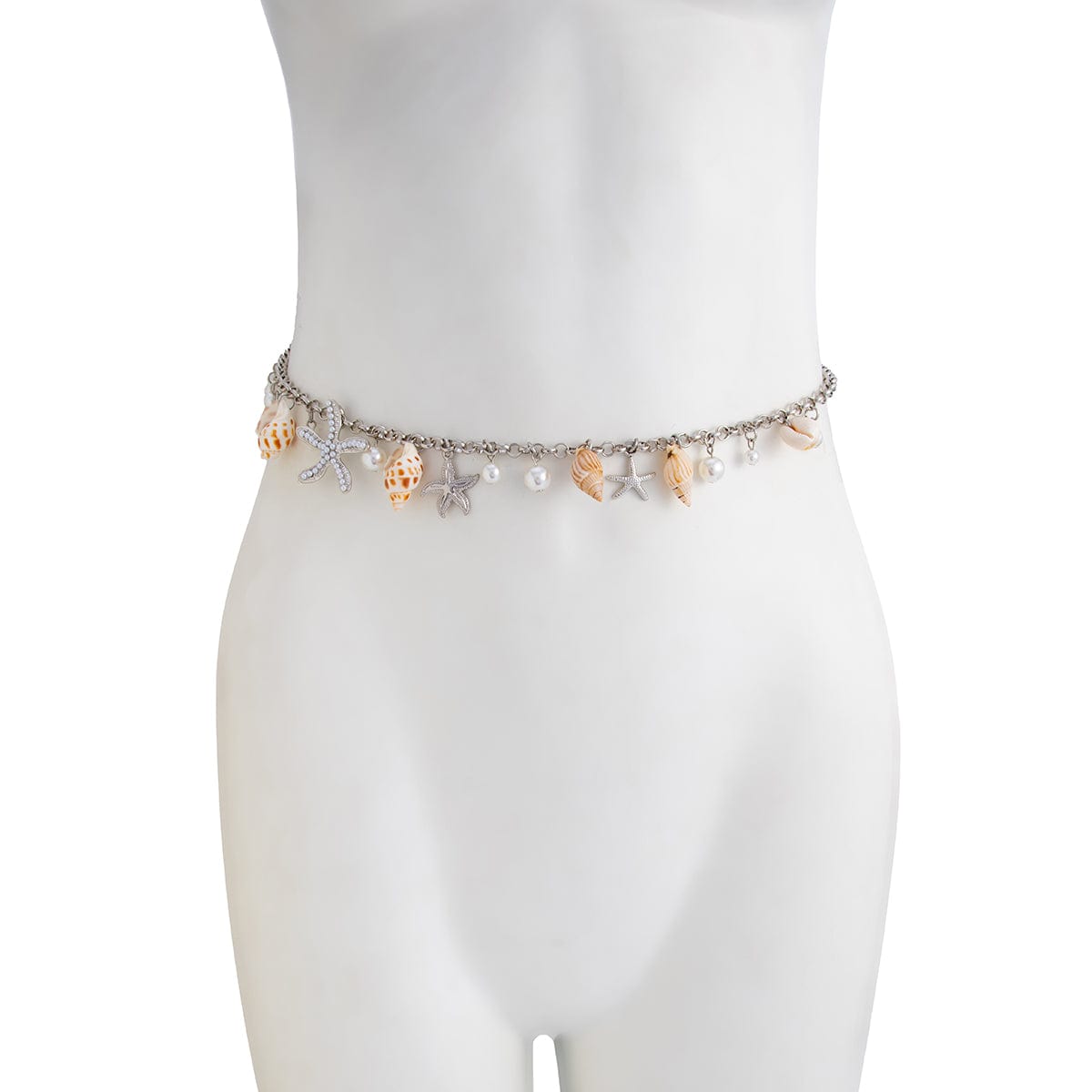 Boho Silver Tone Pearl Conch Starfish Tassel Waist Chain - ArtGalleryZen