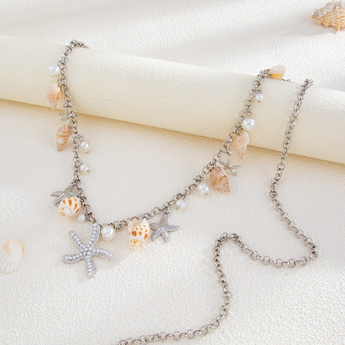 Boho Silver Tone Pearl Conch Starfish Tassel Waist Chain - ArtGalleryZen
