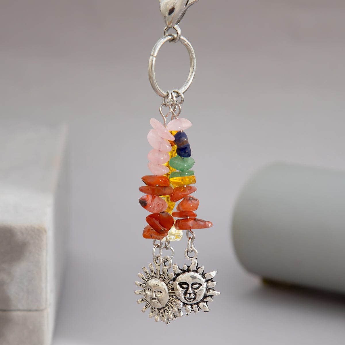 Boho Sun Pendant Colorful Turquoise Stone Chain Keychain - ArtGalleryZen
