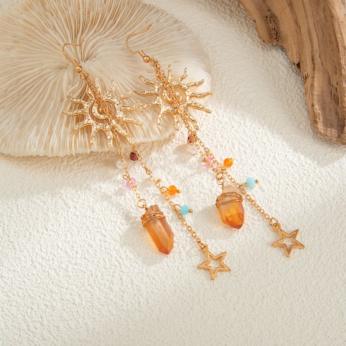 Boho Sun Star Healing Crystal Dangle Earrings - ArtGalleryZen