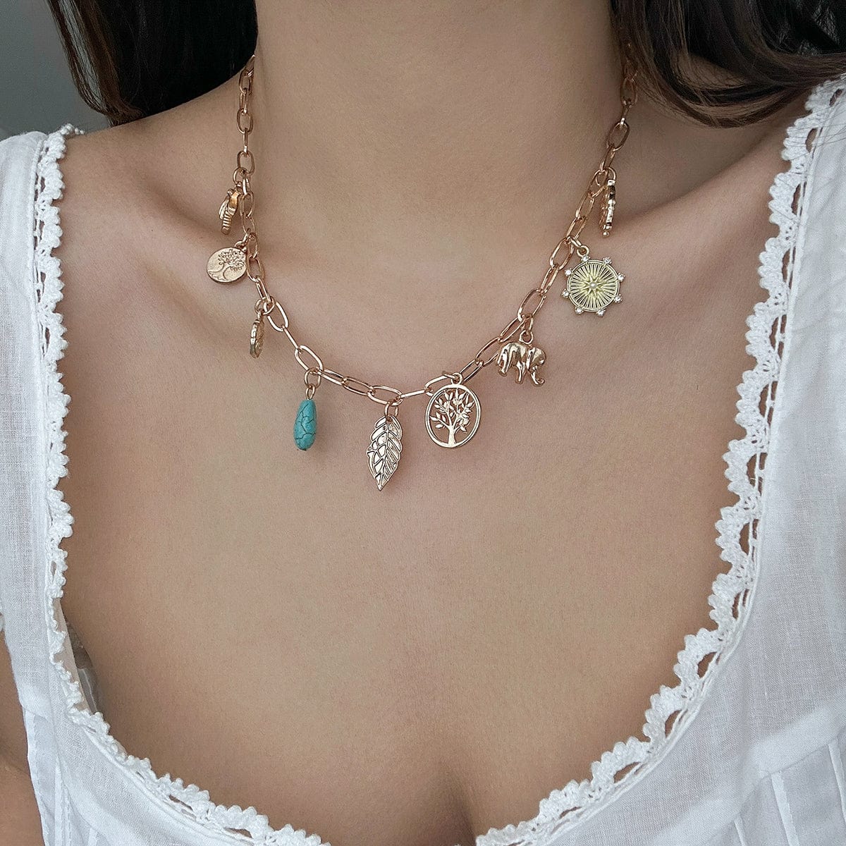 Boho Tree Owl Elephant Turquoise Pendant Necklace - ArtGalleryZen