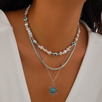 Thumbnail for Boho Turquoise Sun Pendant Evil Eye Pearl Chain Necklace Set - ArtGalleryZen