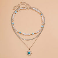 Thumbnail for Boho Turquoise Sun Pendant Evil Eye Pearl Chain Necklace Set - ArtGalleryZen