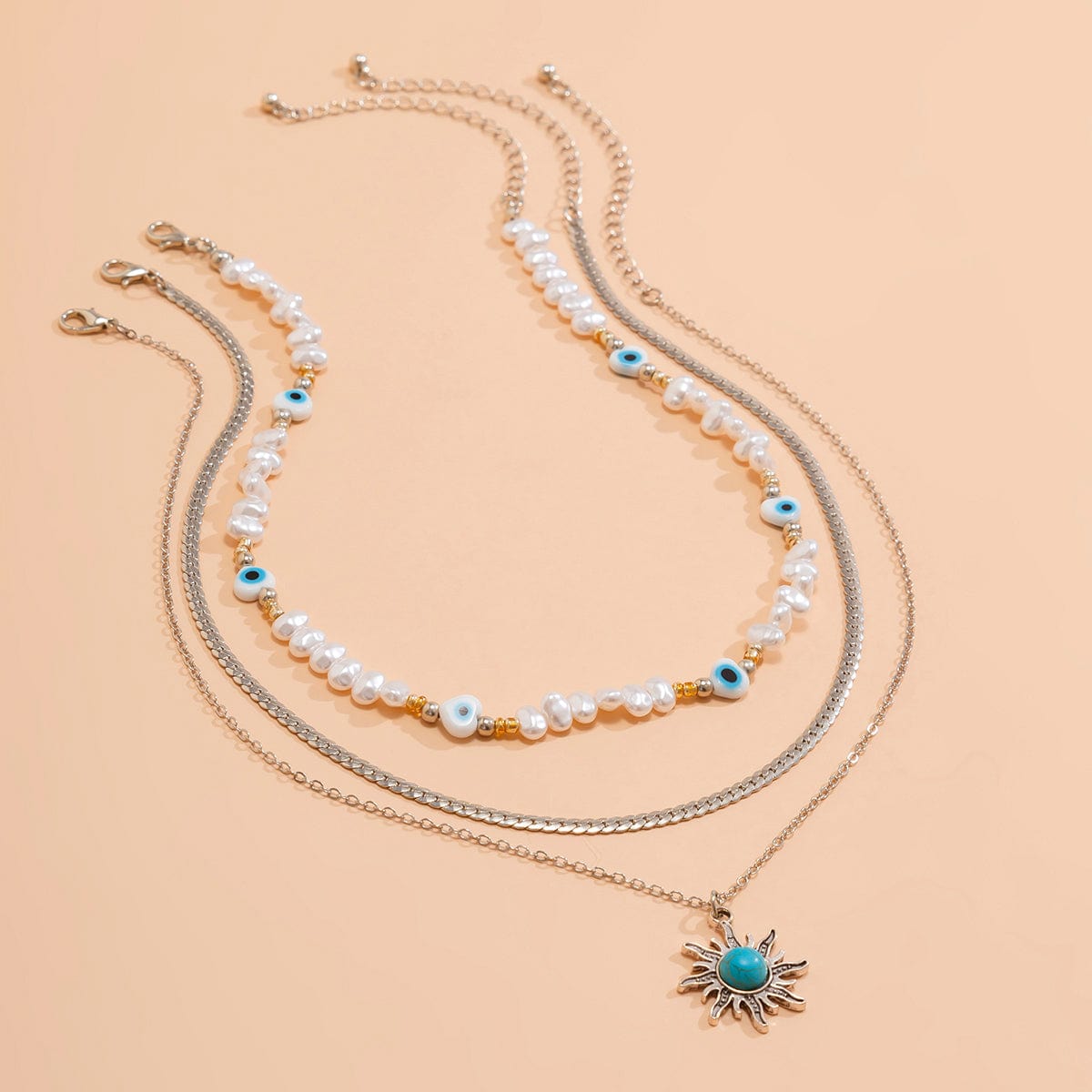 Boho Turquoise Sun Pendant Evil Eye Pearl Chain Necklace Set - ArtGalleryZen