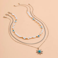 Thumbnail for Boho Turquoise Sun Pendant Evil Eye Pearl Chain Necklace Set - ArtGalleryZen