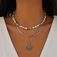 Thumbnail for Boho Turquoise Sun Pendant Evil Eye Pearl Chain Necklace Set - ArtGalleryZen