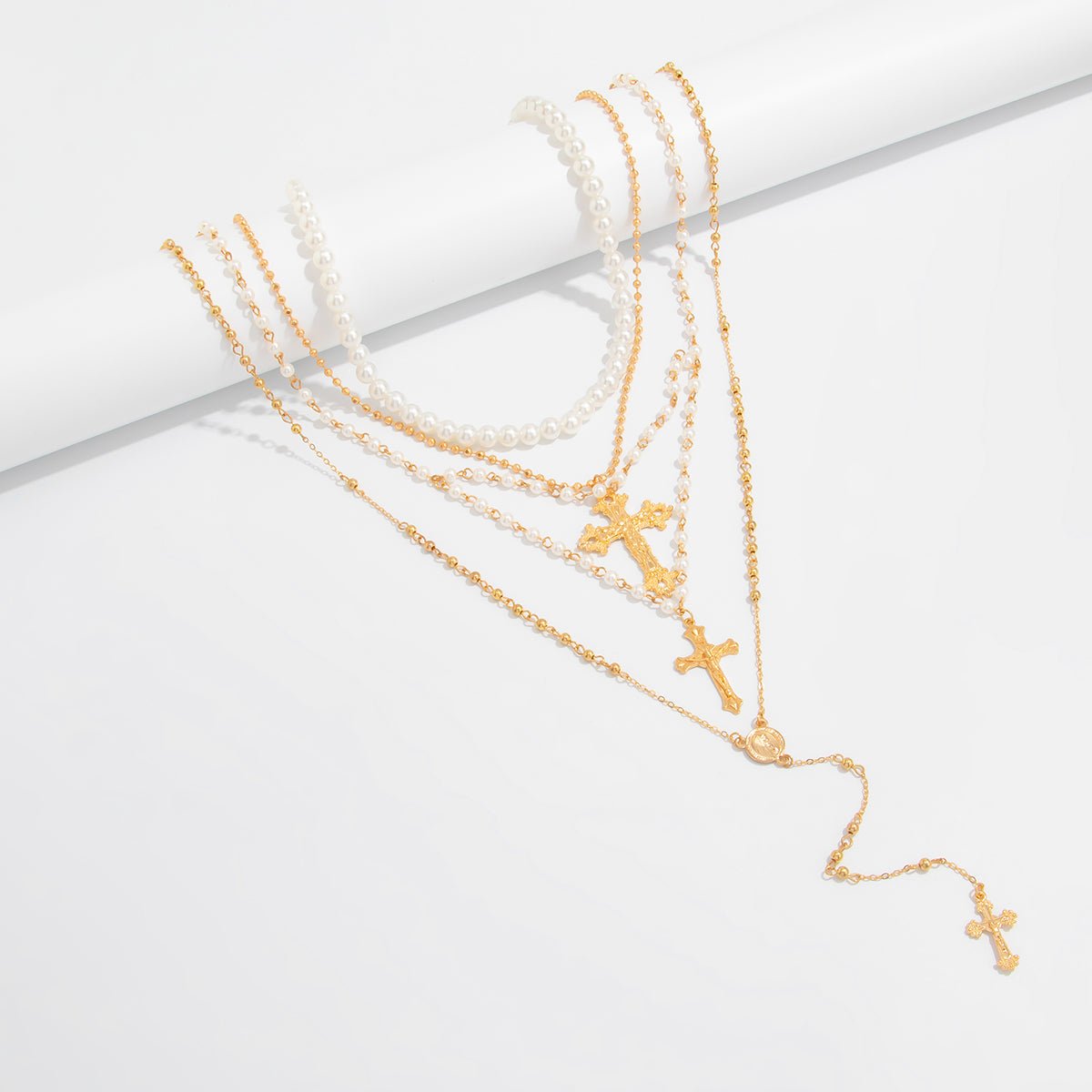 Charming 4pcs Cross Pendant Pearl Long Chain Y Necklace Set - ArtGalleryZen