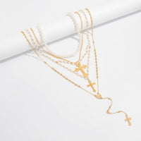 Thumbnail for Charming 4pcs Cross Pendant Pearl Long Chain Y Necklace Set - ArtGalleryZen