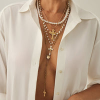 Thumbnail for Charming 4pcs Cross Pendant Pearl Long Chain Y Necklace Set - ArtGalleryZen