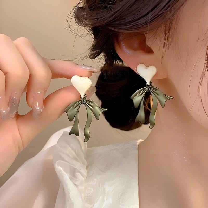 Charming Enamel Heart Dangling Ribbon Bowknot Earrings - ArtGalleryZen