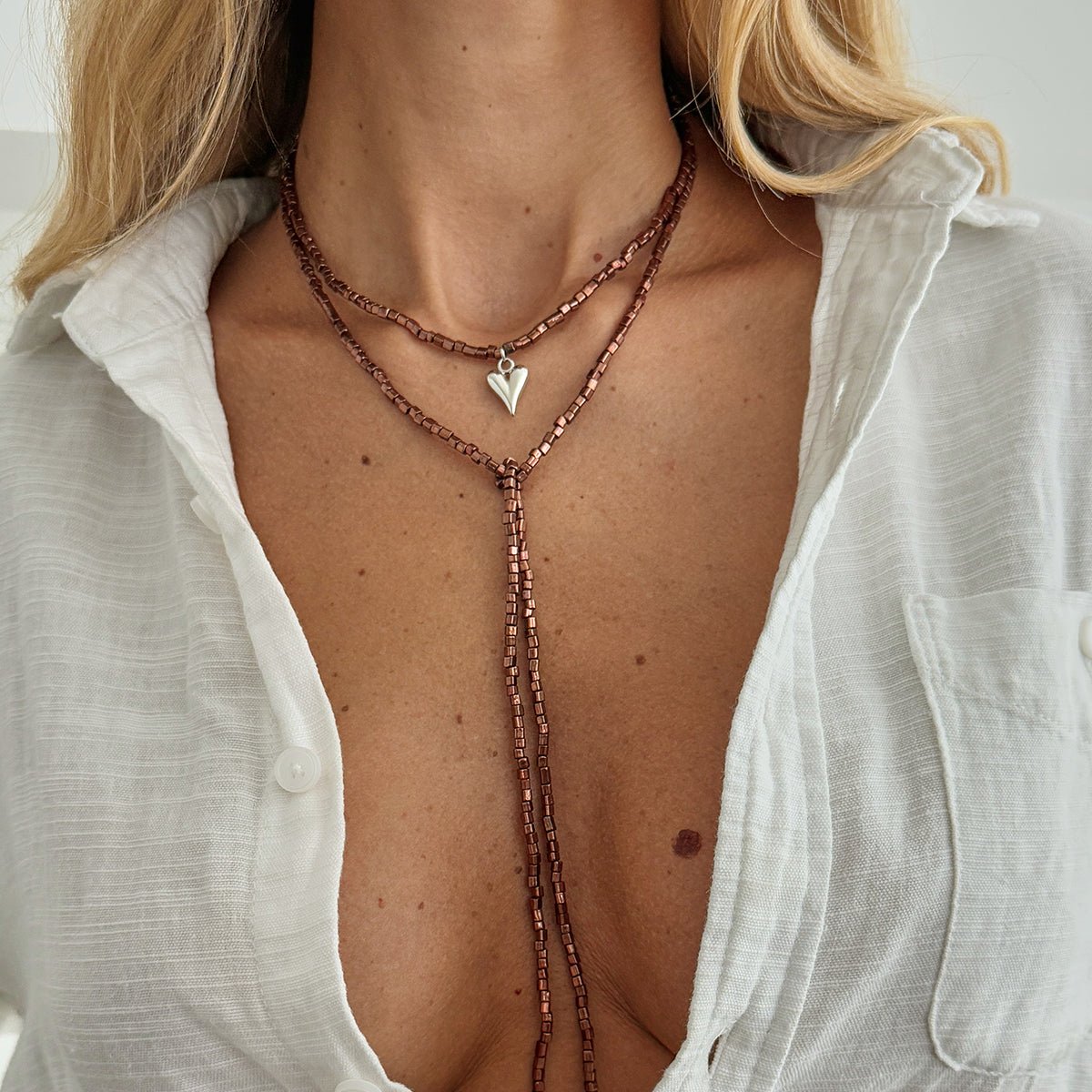 Charming Heart Pendant Square Seed Beaded Long Chain Necklace - ArtGalleryZen