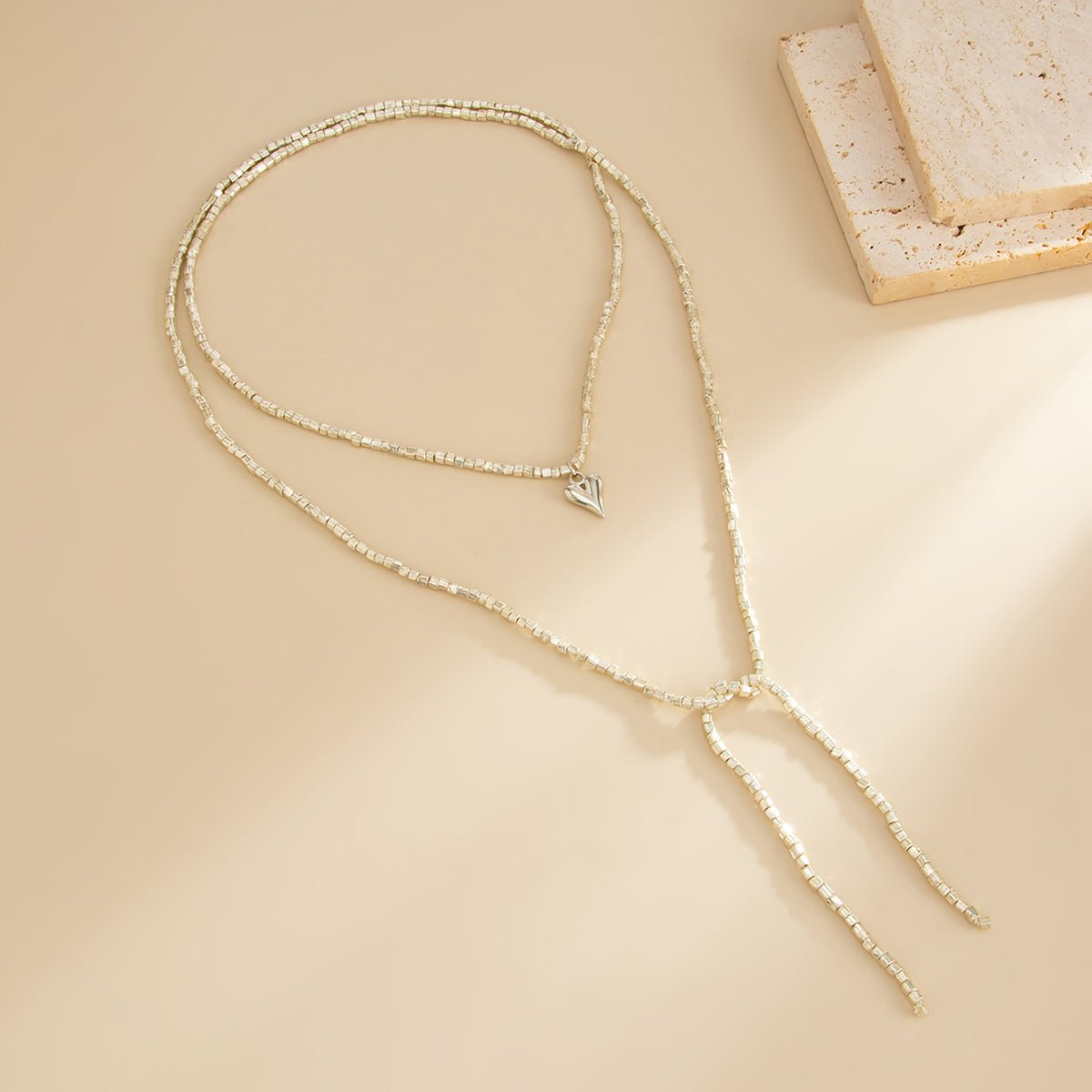 Charming Heart Pendant Square Seed Beaded Long Chain Necklace - ArtGalleryZen