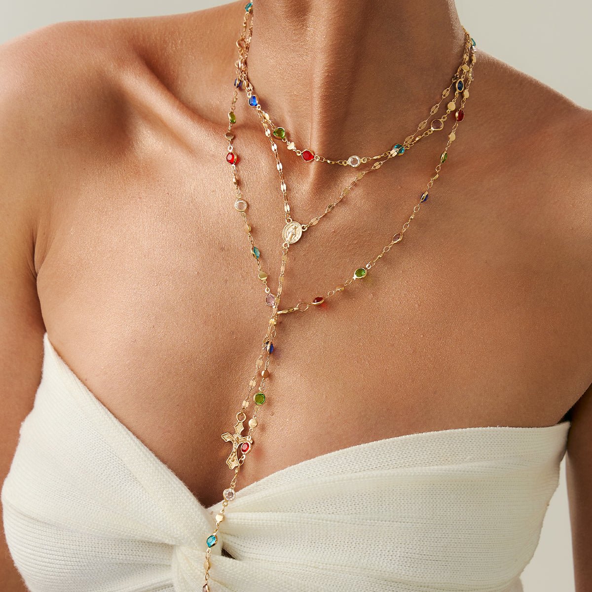 Charming Layered Cross Pendant Colorful Crystal Chain Y Necklace Set - ArtGalleryZen