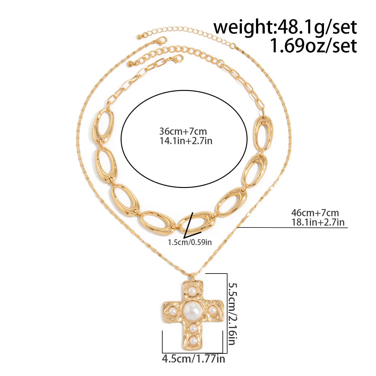 Chic 2pcs Gold Tone Pearl Inlaid Cross Pendant Necklace Set - ArtGalleryZen