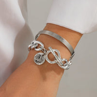Thumbnail for Chic 2pcs Silver Tone Toggle Clasp Relief Round Disk Charm Bracelet Set - ArtGalleryZen