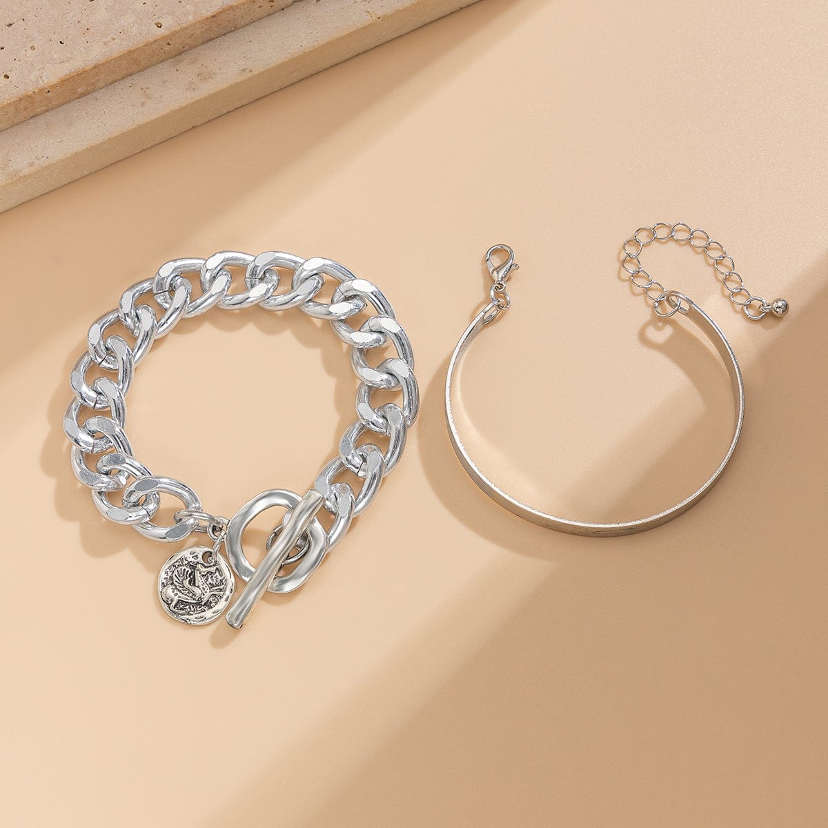 Chic 2pcs Silver Tone Toggle Clasp Relief Round Disk Charm Bracelet Set - ArtGalleryZen