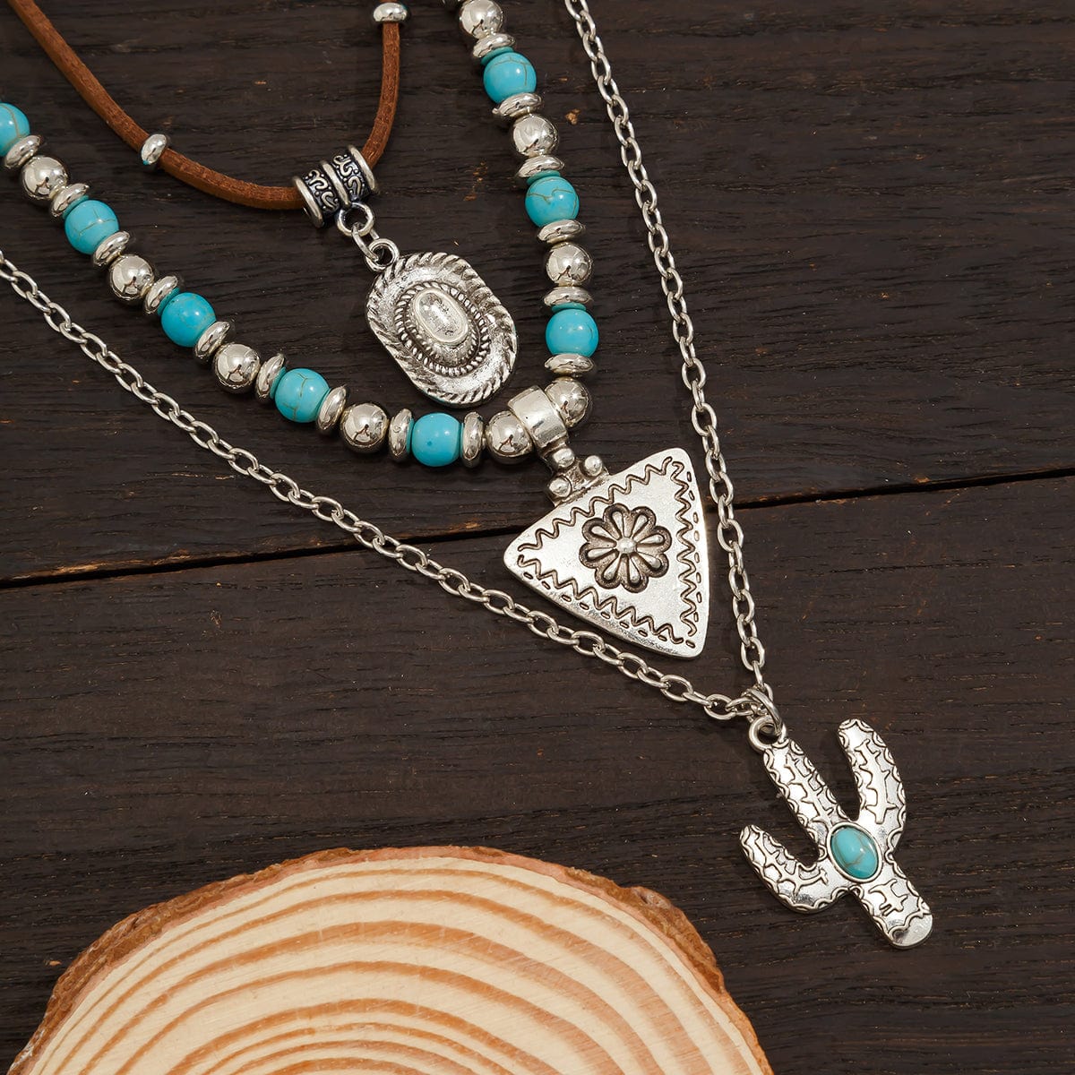 Chic 3Pcs Cactus Cowboy Hat Floral Pendant Turquoise Necklace Set - ArtGalleryZen