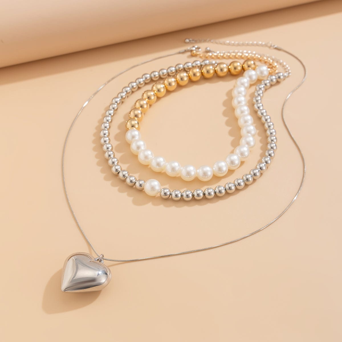 Chic 3pcs Gold Silver Plated Heart Pendant Pearl Chain Necklace Set - ArtGalleryZen