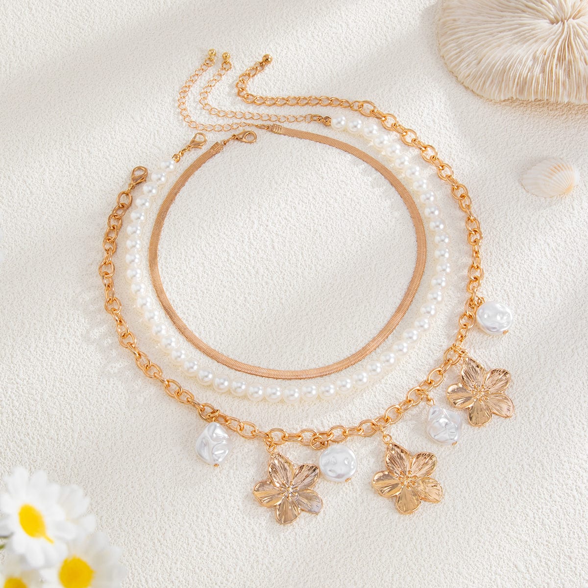 Chic 3pcs Irregular Pearl Flower Tassel Herringbone Chain Necklace Set - ArtGalleryZen