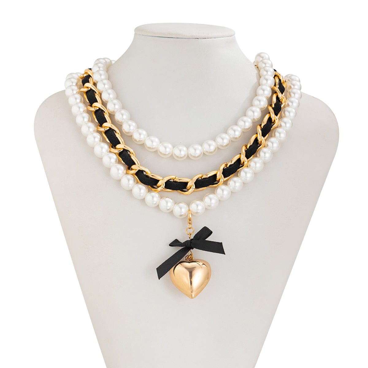 Chic 3pcs Ribbon Heart Pendant Pearl Chain Velvet Necklace Set - ArtGalleryZen
