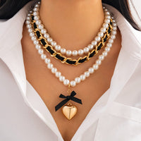 Thumbnail for Chic 3pcs Ribbon Heart Pendant Pearl Chain Velvet Necklace Set - ArtGalleryZen