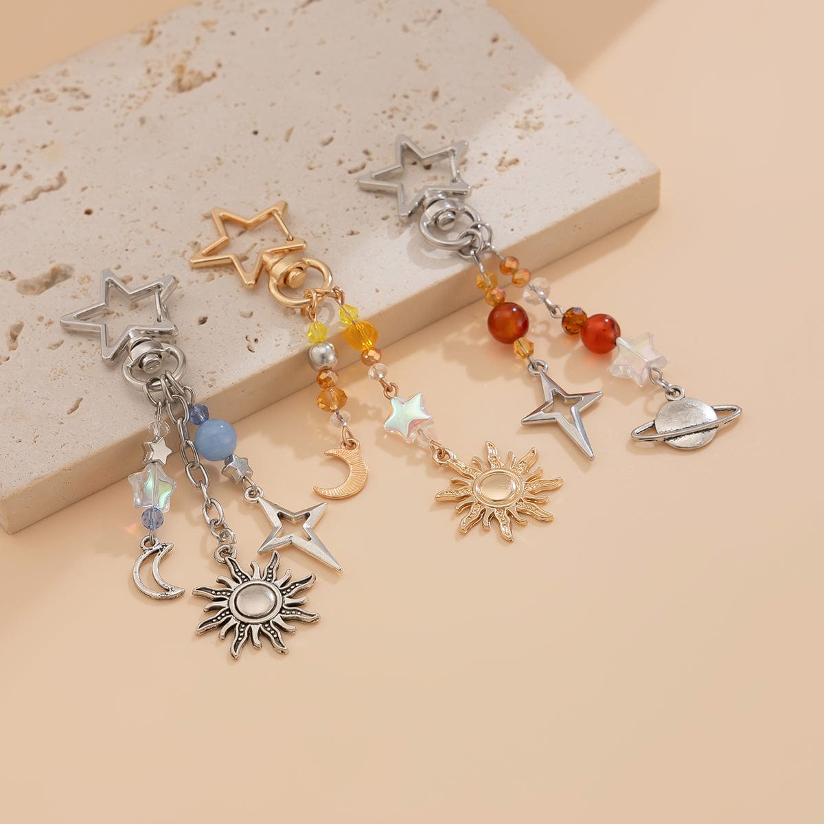 Chic 3Pcs Star Sun Moon Celestial Crystal Keychain Set - ArtGalleryZen