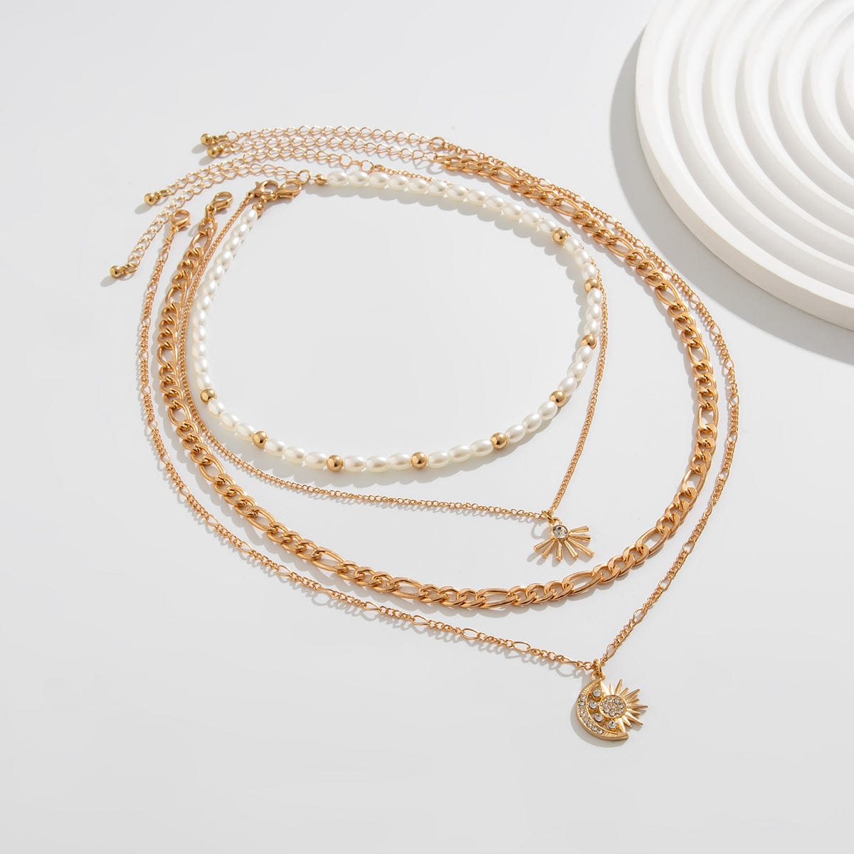 Chic 4pcs Rhinestone Inlaid Sun Moon Pendant Pearl Chain Necklace Set - ArtGalleryZen