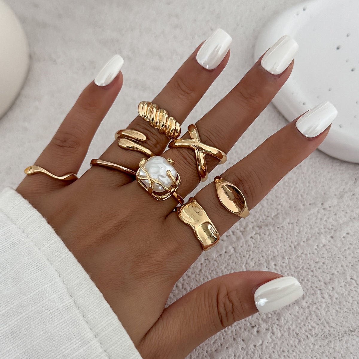 Chic 8pcs Pearl Waterdrop Cross Twisted Ring Set - ArtGalleryZen