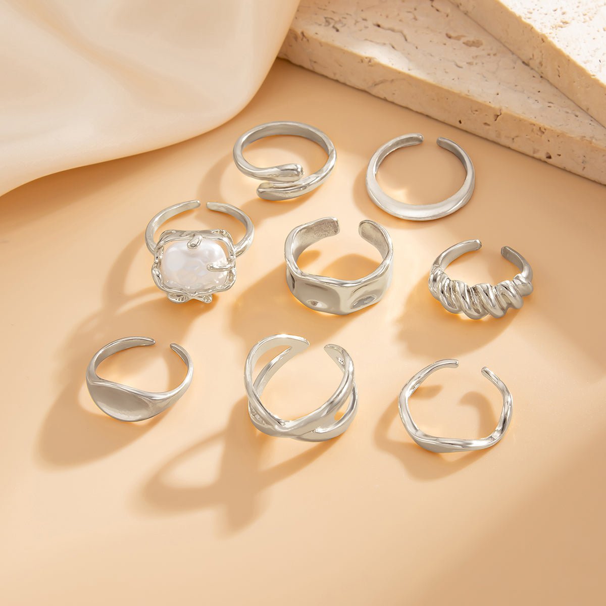Chic 8pcs Pearl Waterdrop Cross Twisted Ring Set - ArtGalleryZen