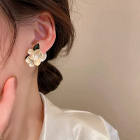 Thumbnail for Chic Asymmetric Enamel Gardenia Flower Pearl Earrings - ArtGalleryZen