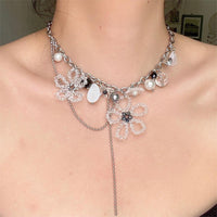 Thumbnail for Chic Colorful Butterfly Crystal Flower Pendant Pearl Tassel Chain Necklace - ArtGalleryZen