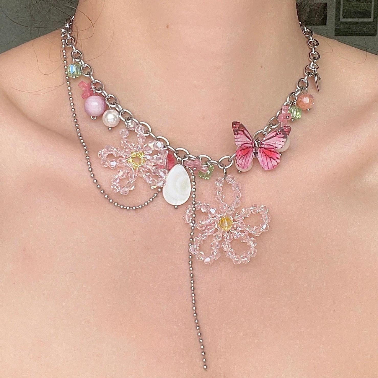 Chic Colorful Butterfly Crystal Flower Pendant Pearl Tassel Chain Necklace - ArtGalleryZen