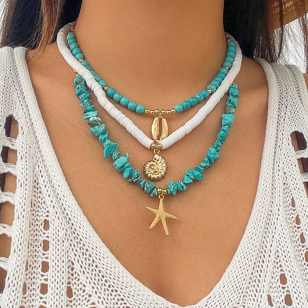 Chic Conch Starfish Pendant Turquoise Polymer Clay Chain Necklace Set - ArtGalleryZen