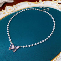 Thumbnail for Chic Crystal Butterfly Pendant Pearl Chain Necklace - ArtGalleryZen