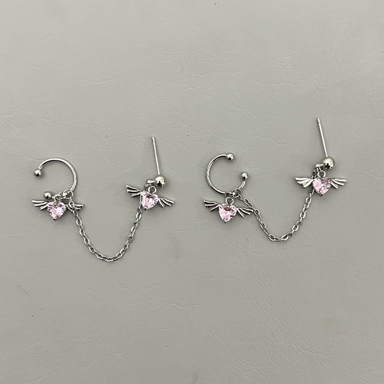 Chic Crystal Heart Angel Wings Ear Cuff Stud Chain Earrings - ArtGalleryZen